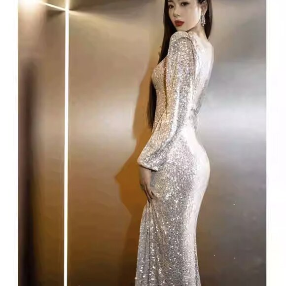 Glam Ruched Sequin Maxi Evening Dress - Picture 4 of 6